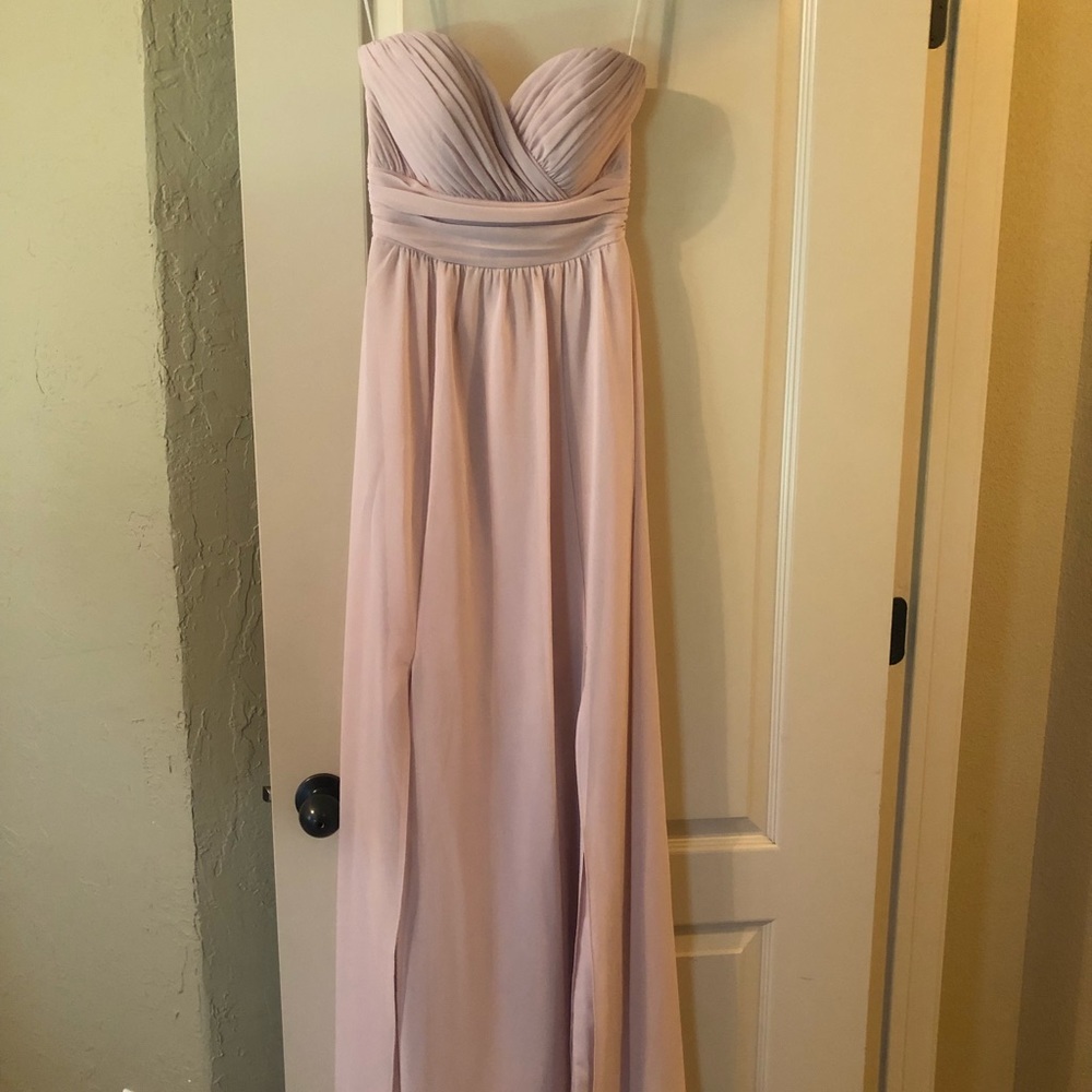 Beautiful blush, long, formal strapless dress.